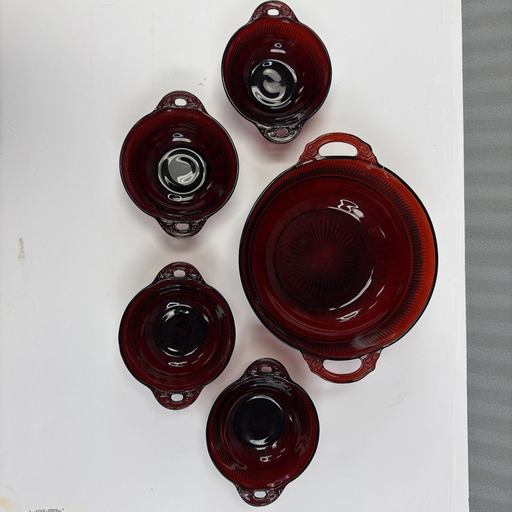 Anchor hocking 5 RUBY RED DEPRESSION GLASS Berry BOWLS W/HANDLES 1 Salad Bowl